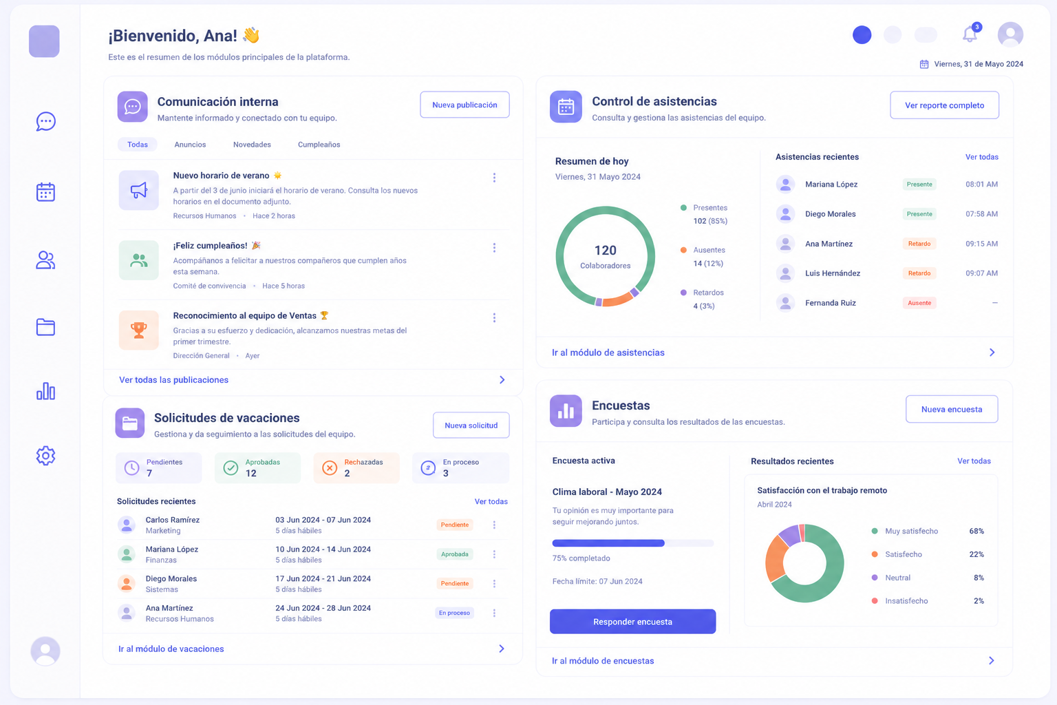 Módulos JOBi conectados: colaboradores, asistencias, comunicación y desarrollo